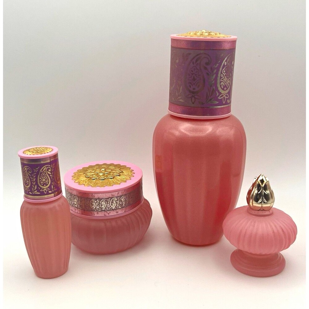 Pink Glass Decorative Floral Bottle Set 4-Piece with Glossy Gold & Purple